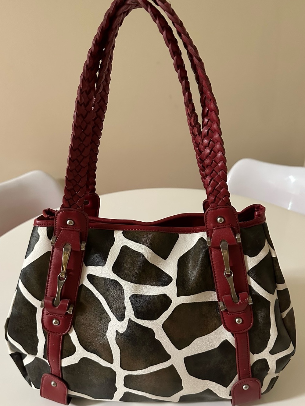 Women’s Giraffe-Print Shoulder Bag with Red Braided Straps